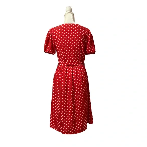 Eva Rose Short Sleeve Polka Dot Belted Dress with Pockets Red
